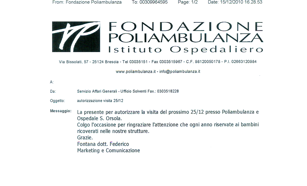 2010-12-15 Autorizzazione Fondazione Poliambulanza S. Orsola Consegna Giochi Giornata Di Natale