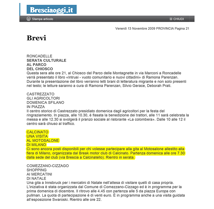 2009-11-13 Articolo Bresciaoggi Gite Sociali
