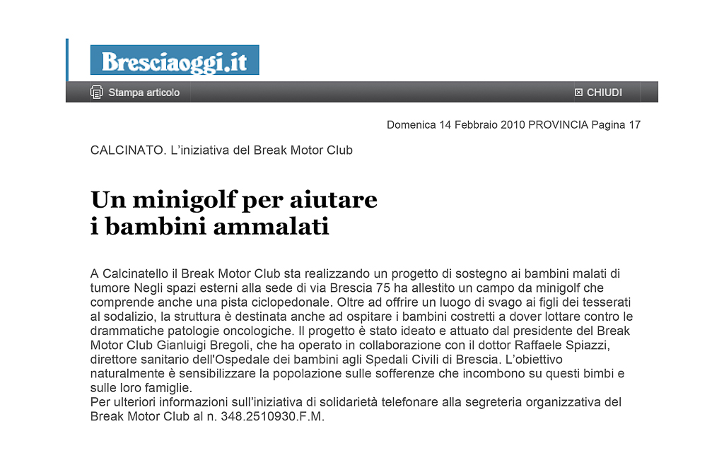 2010-02-14 Articolo Bresciaoggi Minigolf Per I Bambini Malati Di Tumore