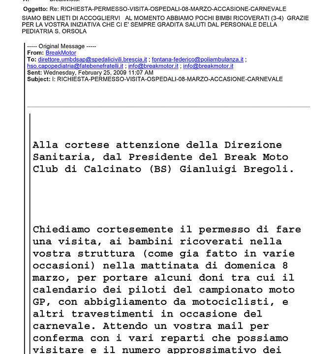 2009-02-25 Autorizzazione Volontariato Sant’Orsola e Ringraziamenti Dei Medici