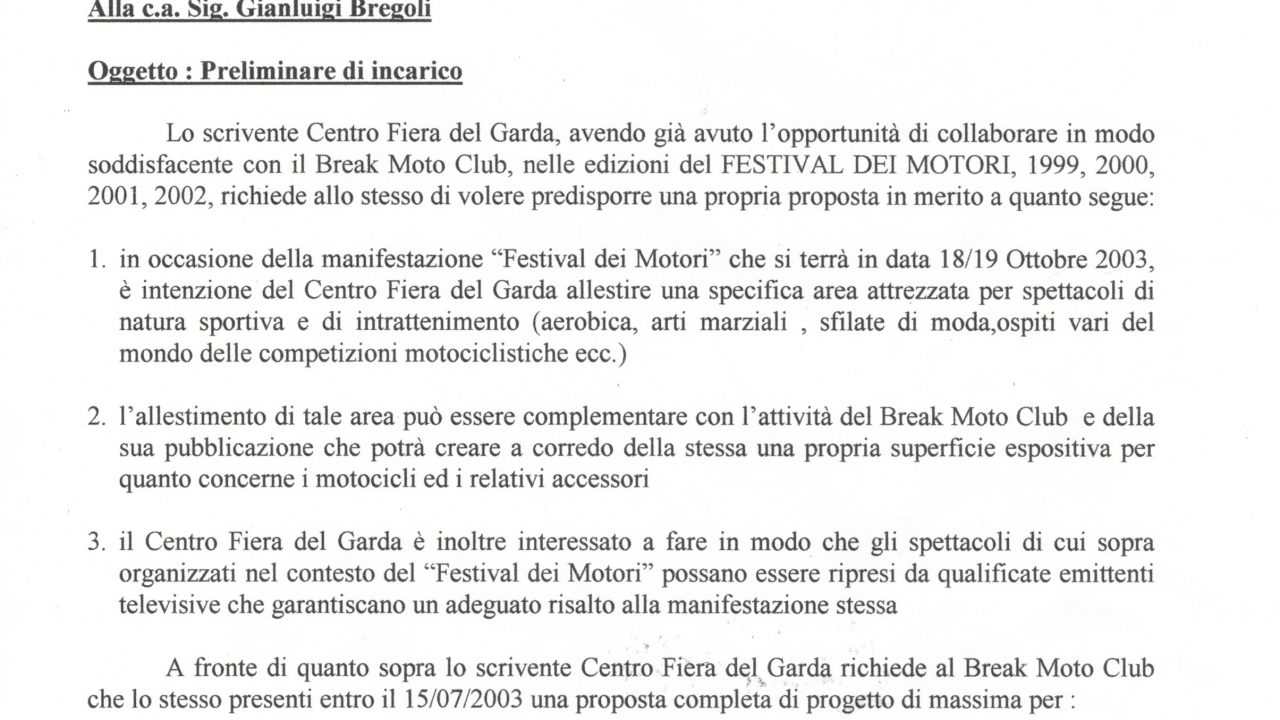 2003-04-14 Incarico Organizzazione Zona Spettacolo Festival Dei Motori Centro Fiera Del Garda