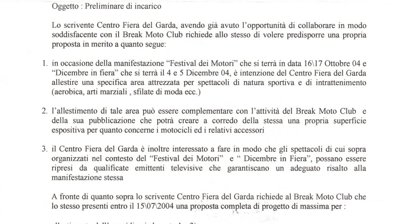2004-05-26 Incarico Organizzazione Zona Spettacolo Festival Dei Motori & Dicembre In Fiera Centro Fiera Del Garda