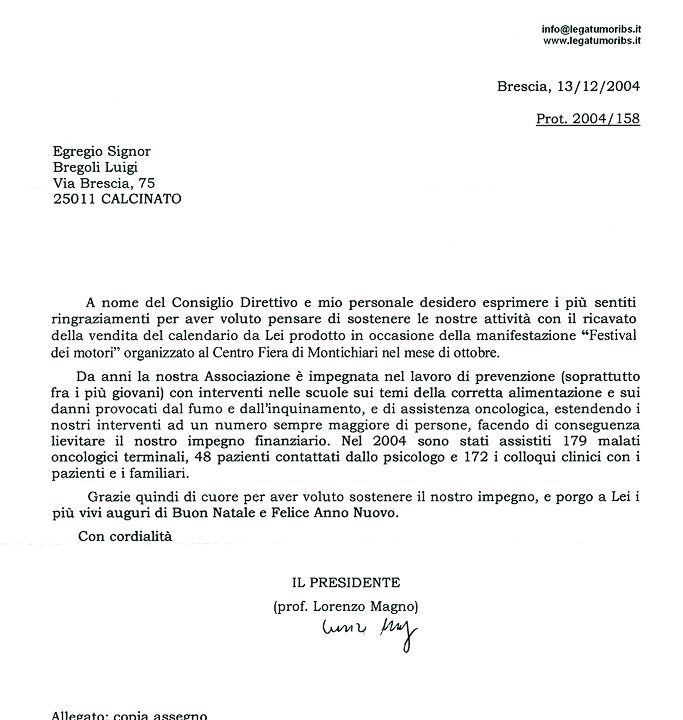 2004-12-13 Ringraziamenti LILT Progetto Break Organizzazione Convegni Alimentazione Sportiva