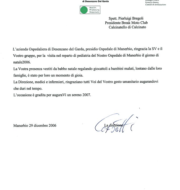 2006-12-29 Ringraziamenti Ospedale Di Desenzano Consegna Giochi e Materiale Didattico