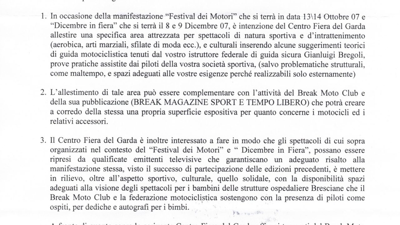 2007-05-21 Incarico Organizzazione Zona Spettacolo Festival Dei Motori & Dicembre In Fiera Centro Fiera Del Garda