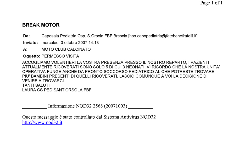 2007-10-03 Autorizzazione Ospedale Sant’Orsola Consegna Giochi e Materiale Didattico