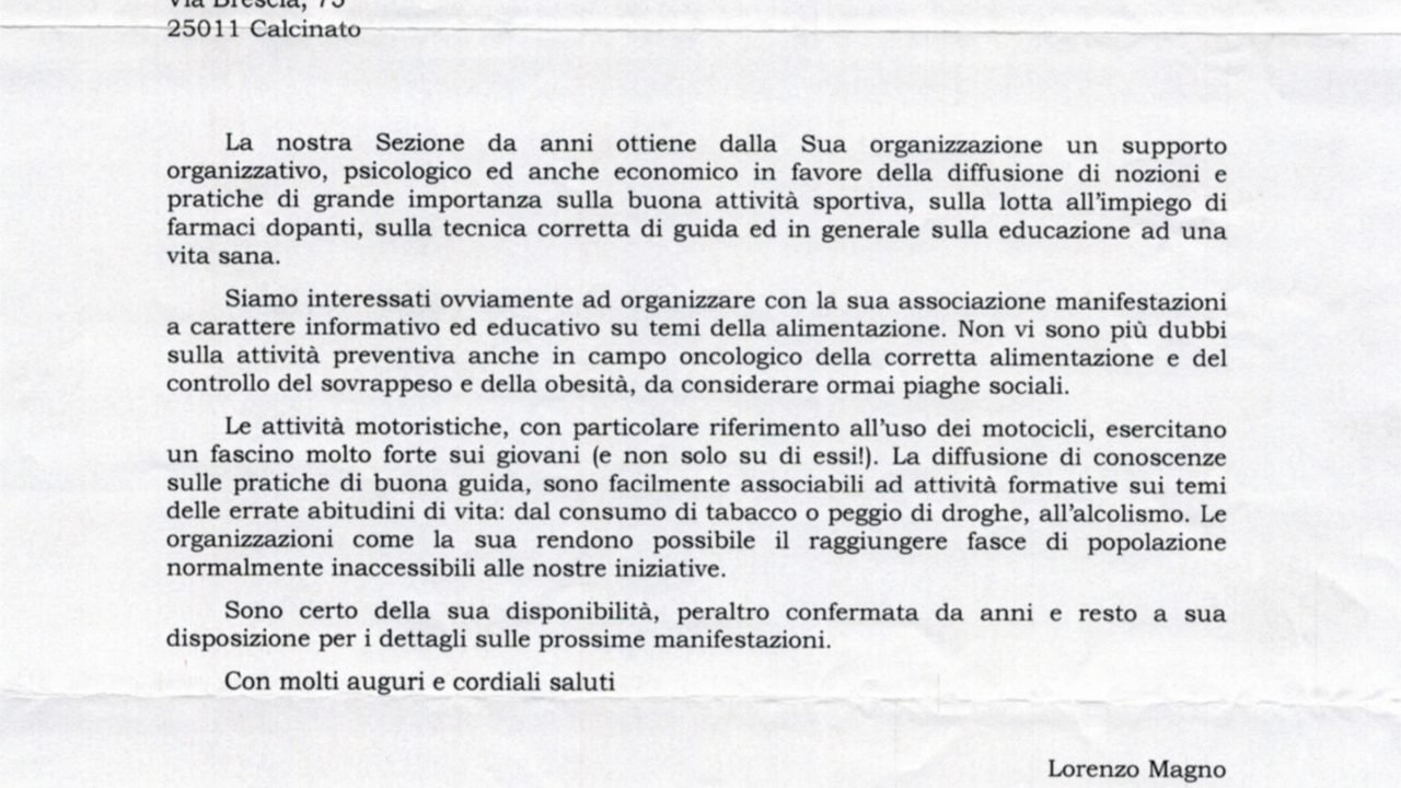 2009-01-26 Ringraziamenti Lilt Progetto Break Organizzazione Convegni Alimentazione Sportiva