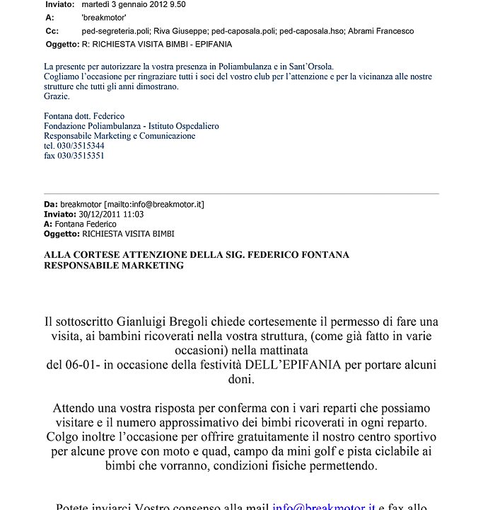 2012-01-03 Autorizzazione Fondazione Poliambulanza e S. Orsola Consegna Giochi Giornata Della Befana