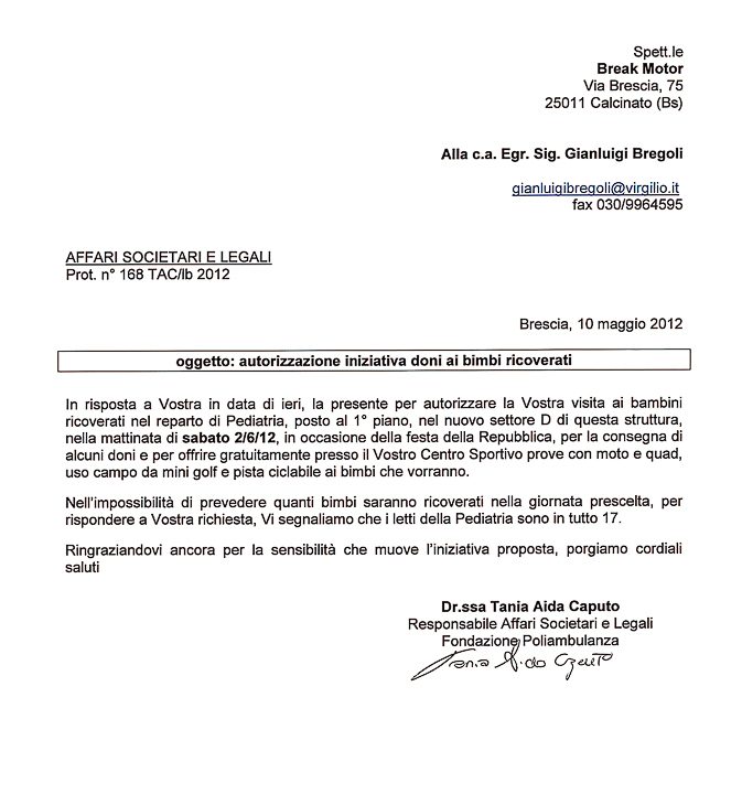 2012-05-10 Autorizzazione Fondazione Poliambulanza Consegna Giochi e Invito Attività Sportive Sede Associazione