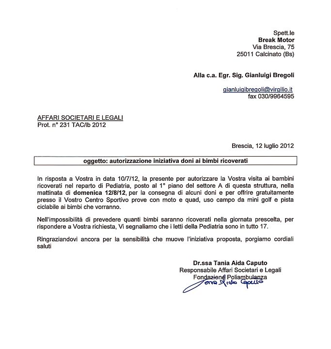 2012-07-12 Autorizzazione Fondazione Poliambulanza Consegna Giochi e Invito attività sportive Centro Sportivo