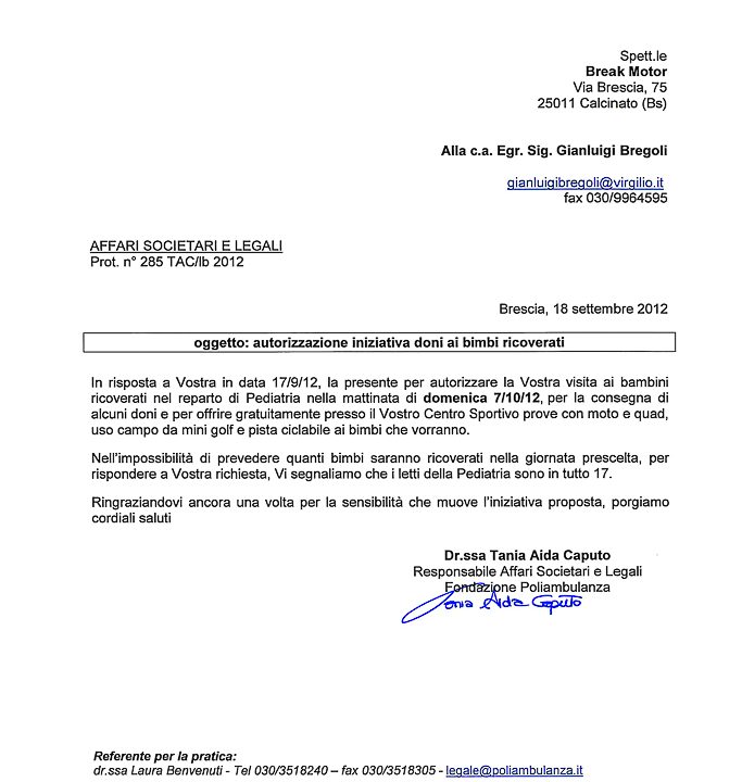2012-09-18 Autorizzazione Fondazione Poliambulanza Consegna Giochi e Attività Sportive Sede Asd