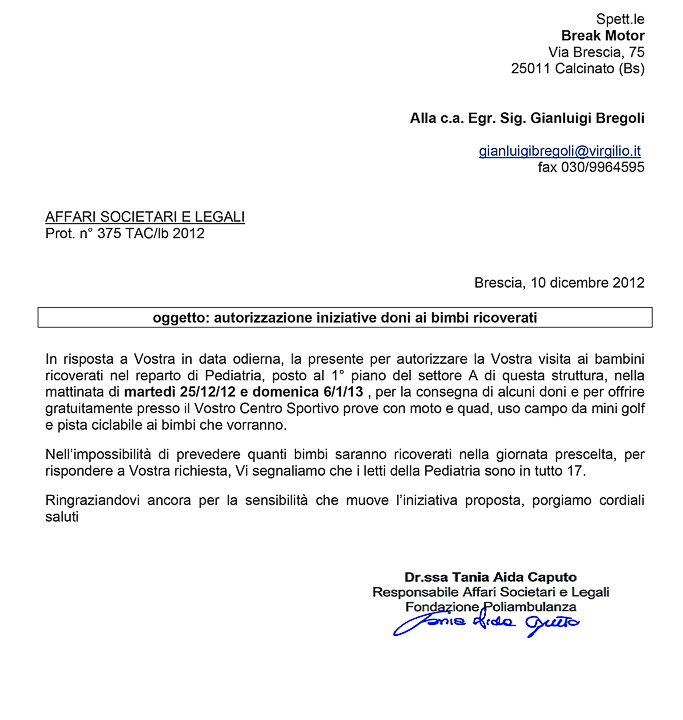 2012-12-10 Autorizzazione Fondazione Poliambulanza Consegna Giochi  Domenica Di Natale e Befana