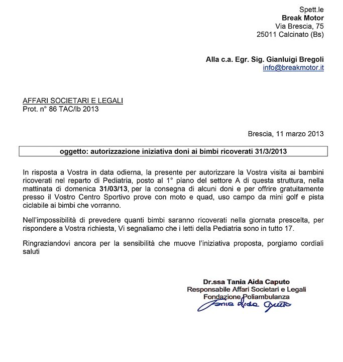 2013-03-11 Autorizzazione Fondazione Poliambulanza Consegna Giochi  Domenica Di Pasqua Invito Sede e Attività Sportive