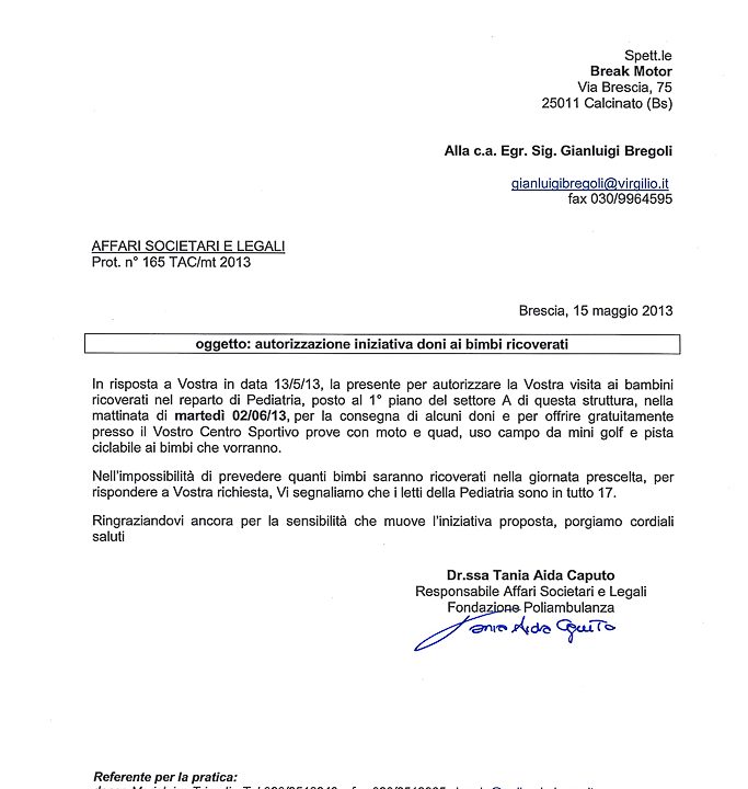 2013-05-15 Autorizzazione Fondazione Poliambulanza Consegna Giochi e Invito Sede e Attività Sportive