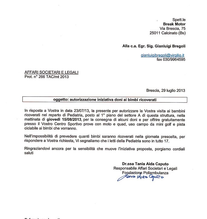 2013-07-29 Autorizzazione Fondazione Poliambulanza Consegna Giochi e Invito Sede e Attività Sportive