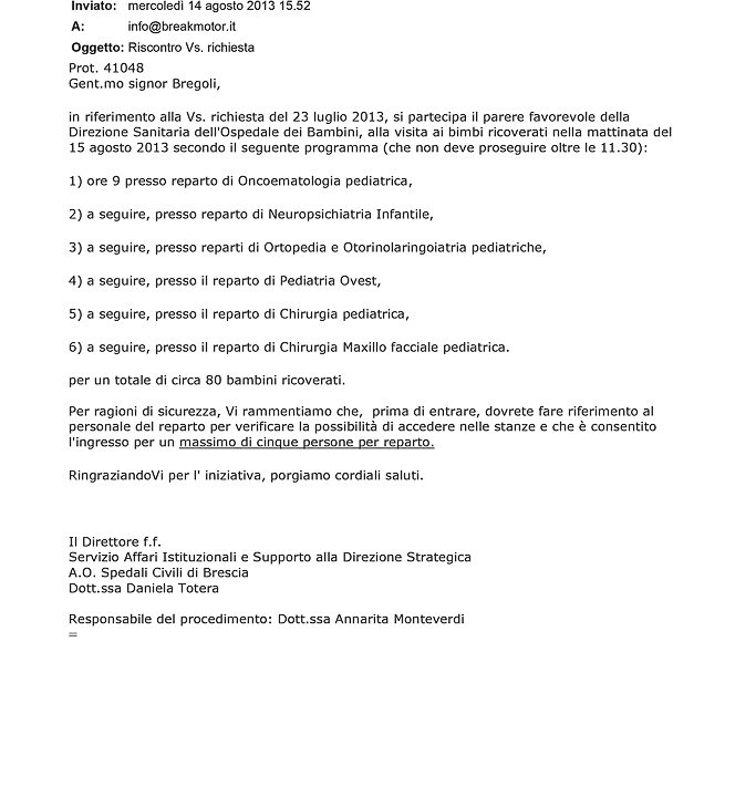 2013-08-14 Autorizzazione Spedali Civili Consegna Giochi e Materiale Didattico Ferragosto