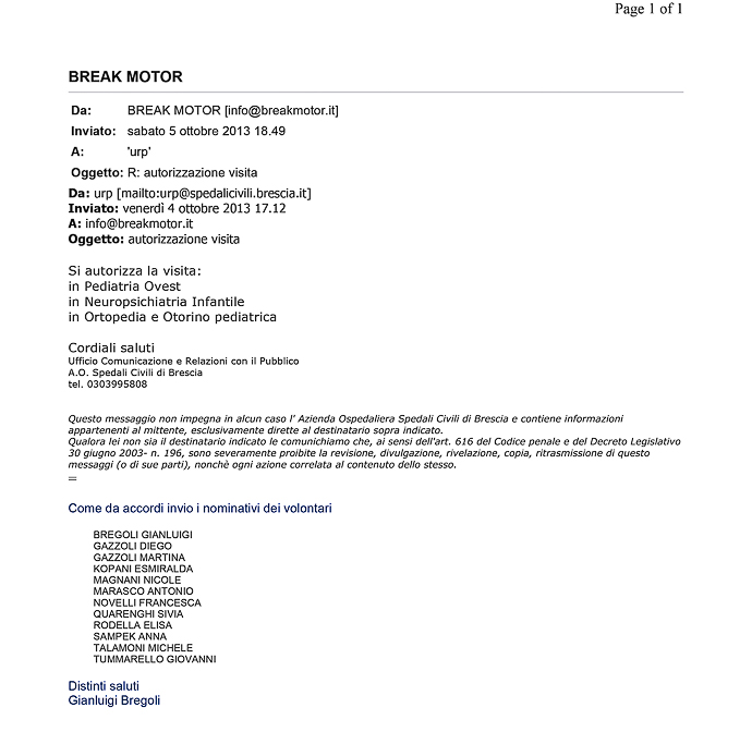 2013-10-05 Autorizzazione Spedali Civili Consegna Giochi e Materiale Didattico