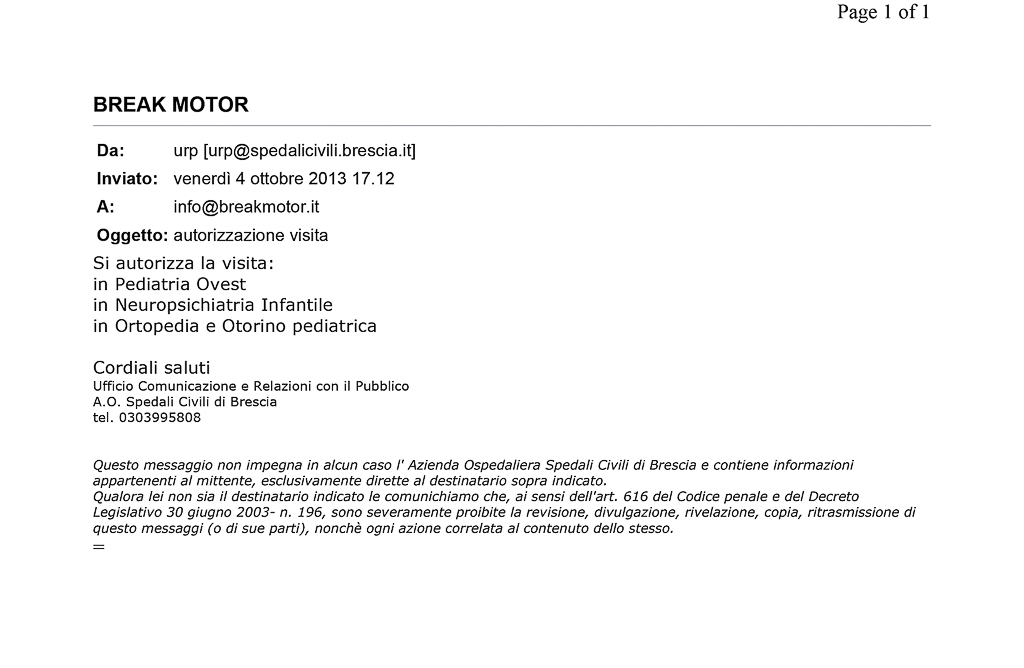 2013-10-04 Autorizzazione Spedali Civili Consegna Giochi e Materiale Didattico