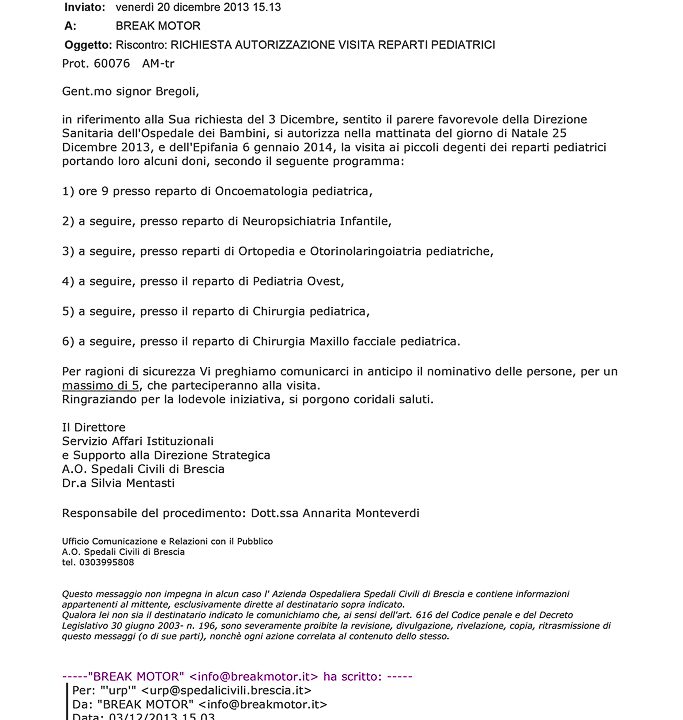 2013-12-20 Autorizzazione Spedali Civili Consegna Giochi Natale e Befana