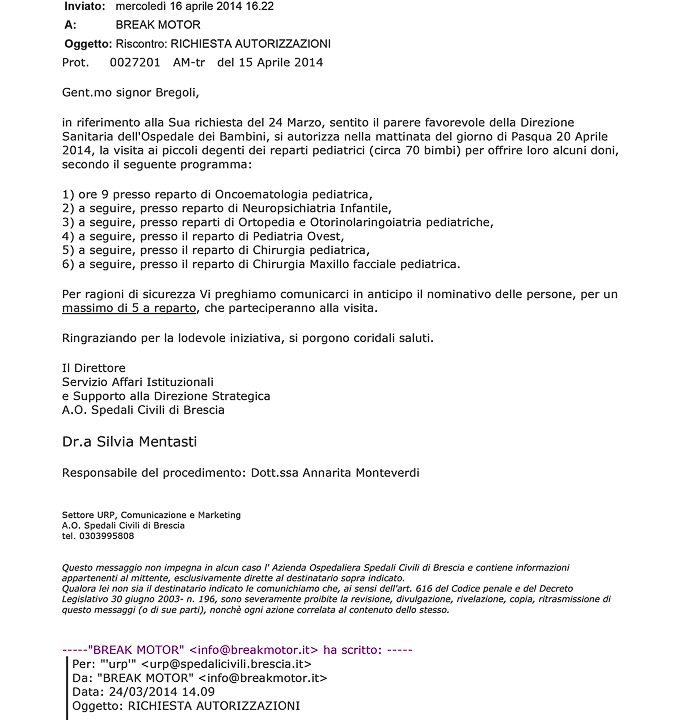 2014-04-16 Autorizzazione Spedali Civili Consegna Giochi  Domenica Di Pasqua