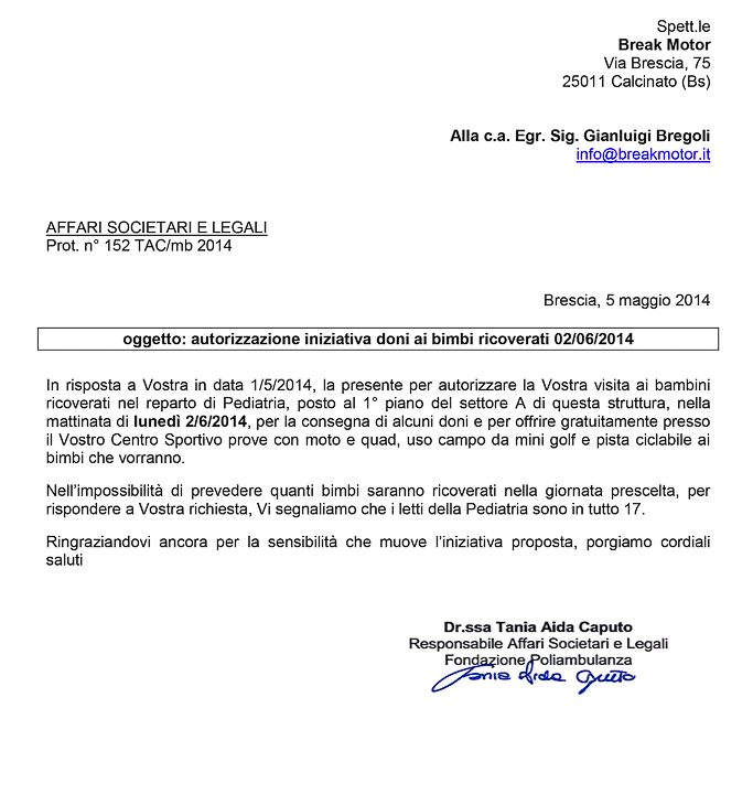 2014-05-05 Autorizzazione Fondazione Poliambulanza Consegna Giochi e Invito al Centro Break