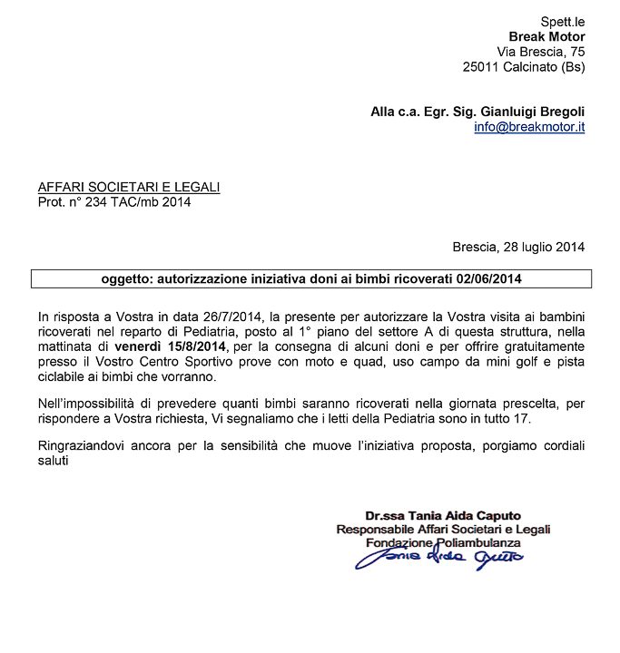 2014-07-28 Autorizzazione Fondazione Poliambulanza Consegna Giochi Due Giugno