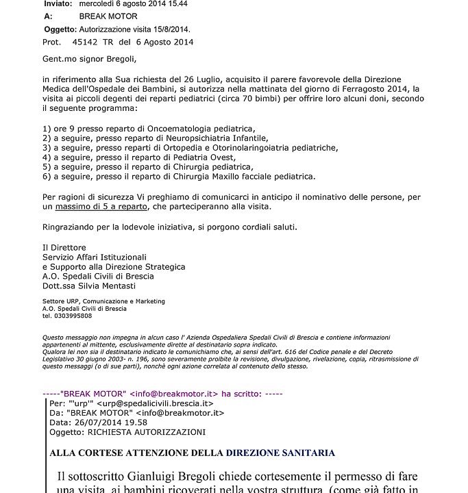 2014-08-06 Autorizzazione Spedali Civili Consegna Giochi Giornata di Ferragosto