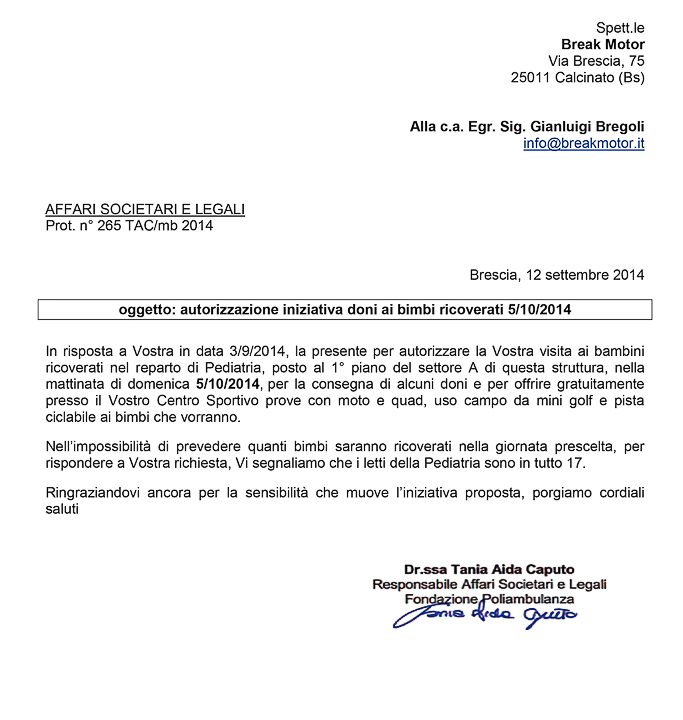 2014-09-12 Autorizzazione Fondazione Poliambulanza Consegna Giochi e Invito Al Centro Break