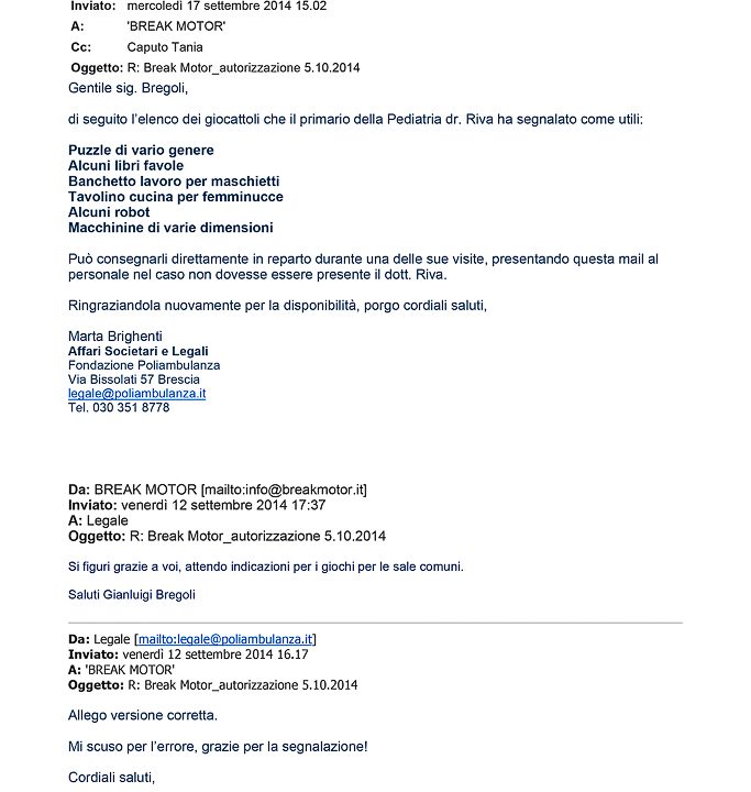 2014-09-17 Autorizzazione Fondazione Poliambulanza Consegna Giochi e Materiale Didattico Sale Comuni