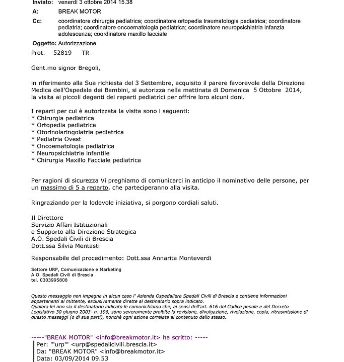 2014-10-03 Autorizzazione Volontariato Spedali Civili Consegna Giochi e Materiale Didattico