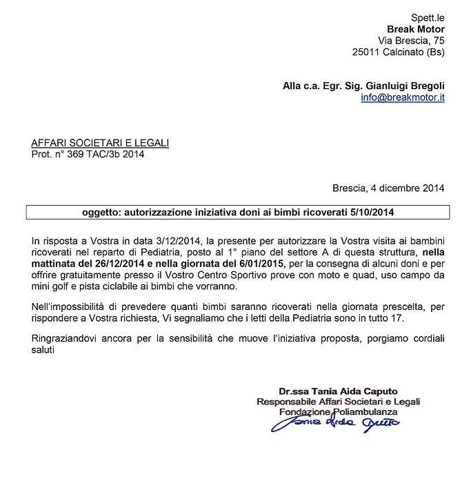 2014-12-04 Autorizzazione Volontariato Fondazione Poliambulanza Consegna Giochi Natale e Befana
