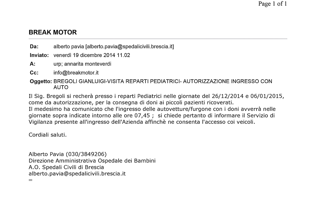 2014-12-19 Autorizzazione Volontariato Spedali Civili Consegna Giochi Natale e Befana
