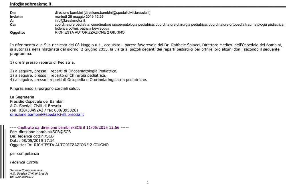 2015-05-26 Autorizzazione Volontariato Spedali Civili Consegna Giochi Due Giugno