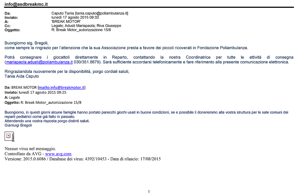 2015-08-17 Autorizzazione Volontariato Fondazione Poliambulanza Consegna Giochi