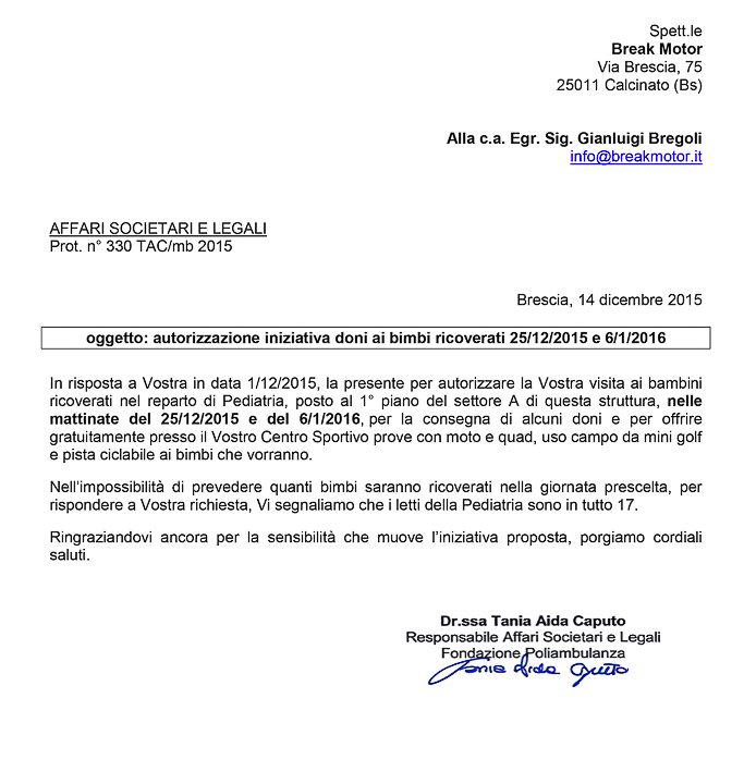2015-12-14 Autorizzazione Volontariato Fondazione Poliambulanza Consegna Giochi Natale & Befana