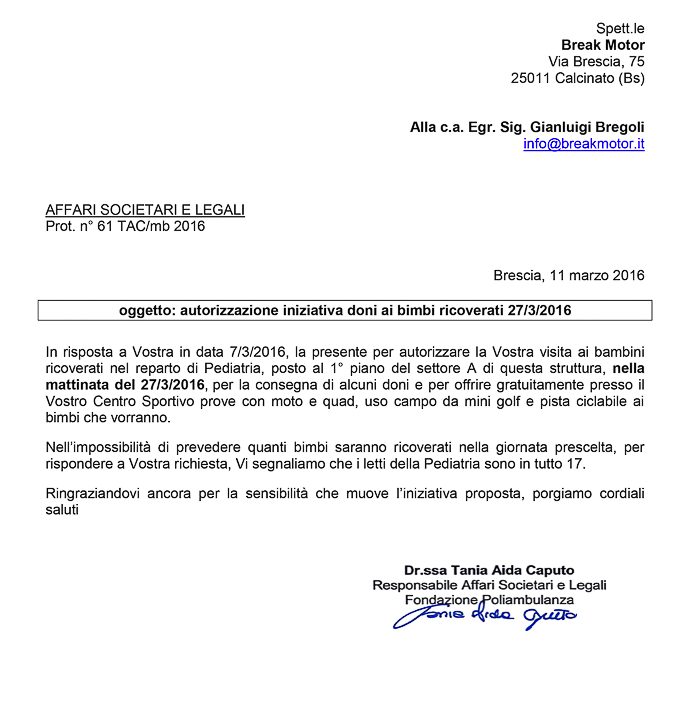 2016-03-11 Autorizzazione Volontariato Fondazione Poliambulanza Consegna Giochi Domenica Di Pasqua