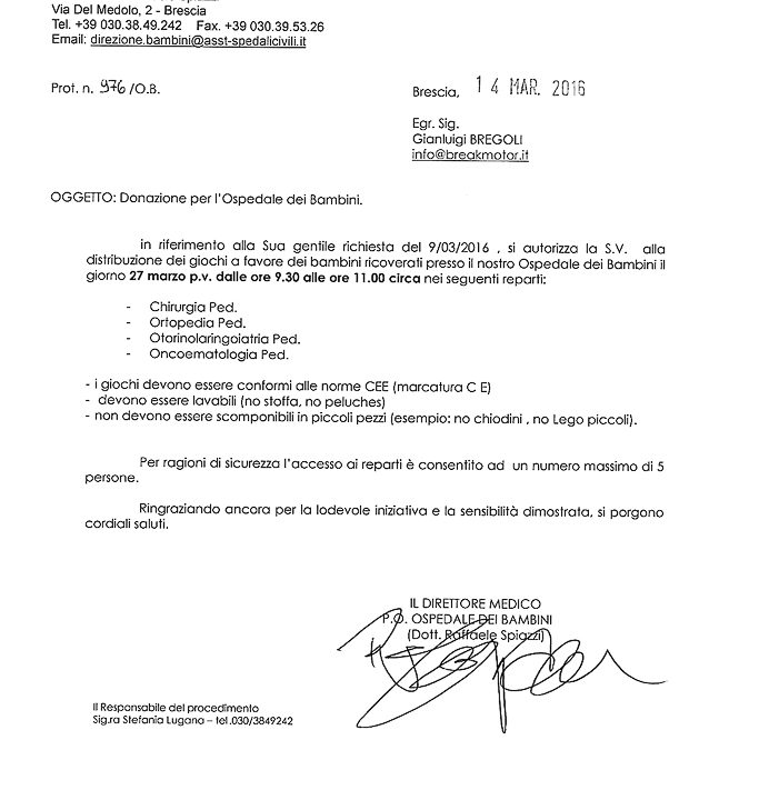 2016-03-14 Autorizzazione Volontariato Spedali Civili Consegna Giochi Domenica Di Pasqua