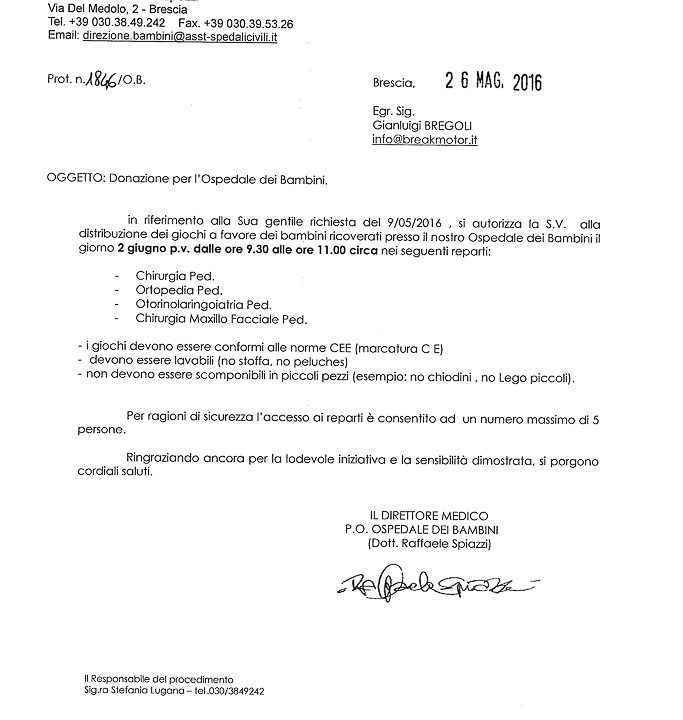 2016-05-26 Autorizzazione Volontariato Spedali Civili Consegna Giochi Due Giugno