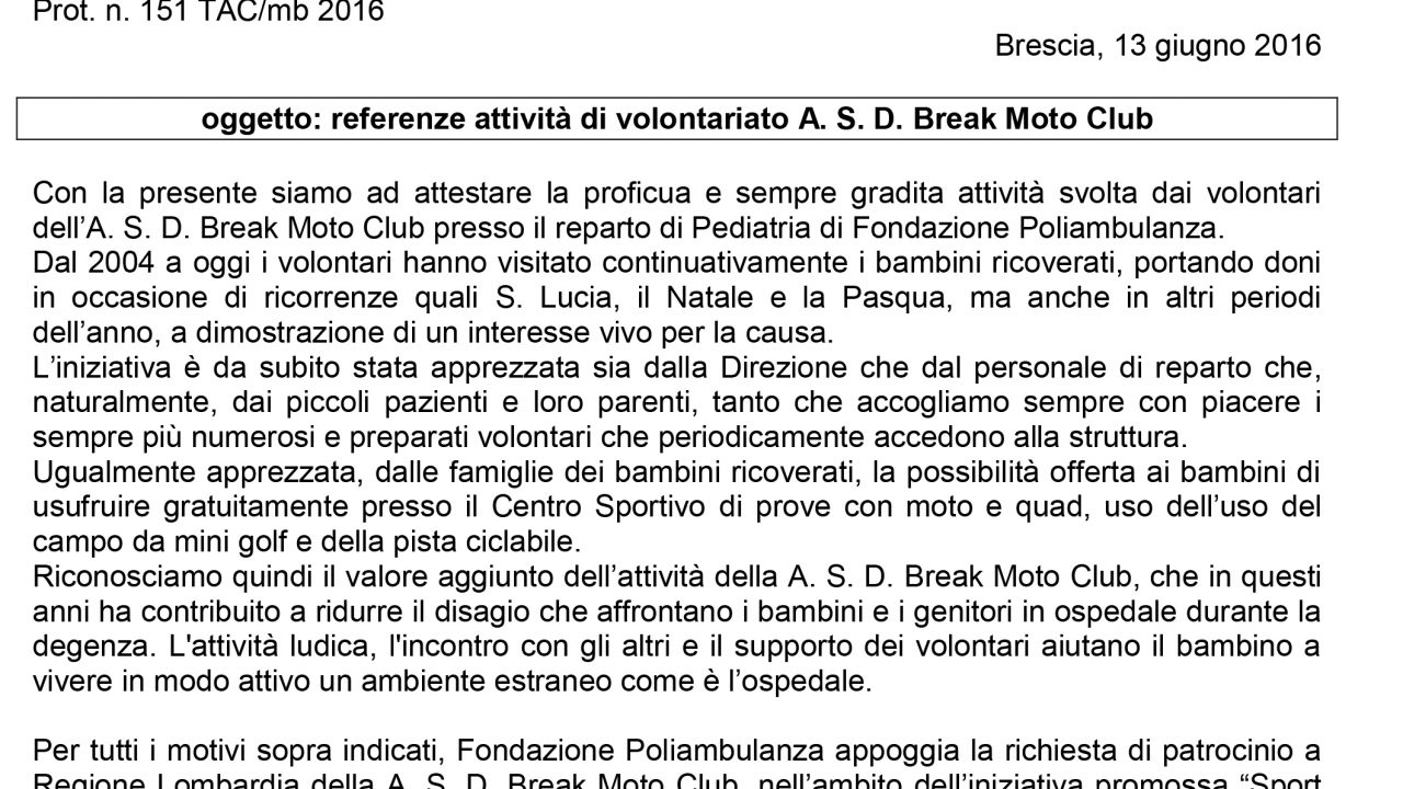 2016-06-13 Patrocinio Fondazione Poliambulanza Progetto Break 