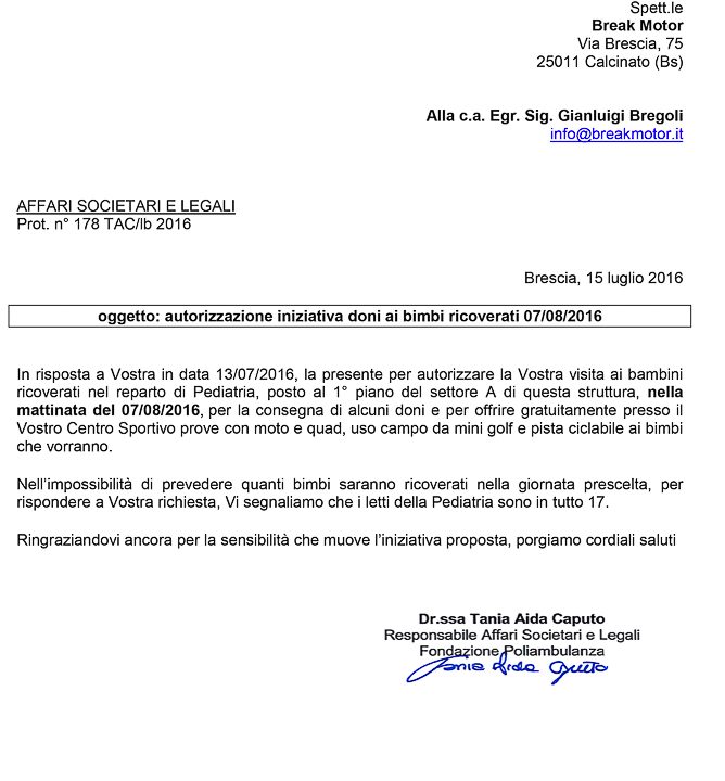 2016-07-15 Autorizzazione Volontariato Fondazione Poliambulanza Consegna Giochi Per Ferragosto