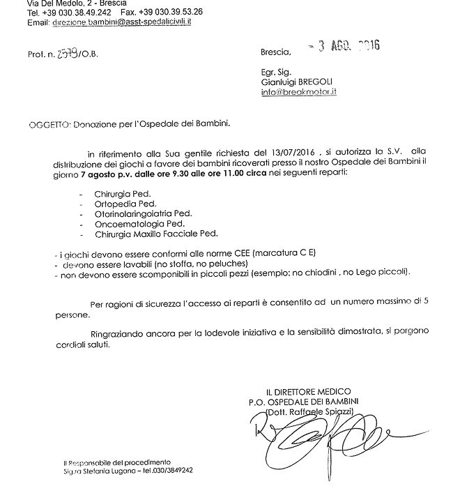 2016-08-03 Autorizzazione Volontariato Spedali Civili Consegna Giochi Per Ferragosto