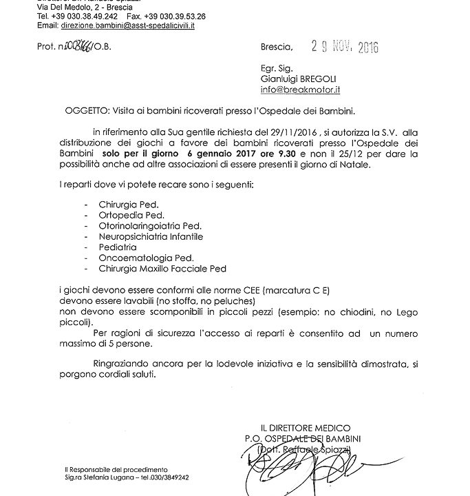 2016-11-29 Autorizzazione Volontariato Spedali Civili Consegna Giochi Per Natale & Befana