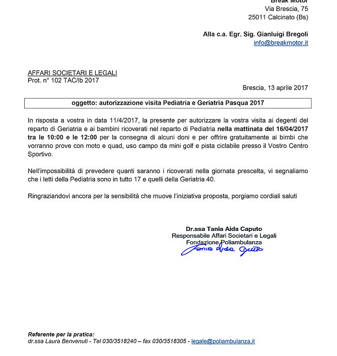 2017-04-13 Autorizzazione Volontariato Fondazione Poliambulanza Consegna Giochi Per Pasqua