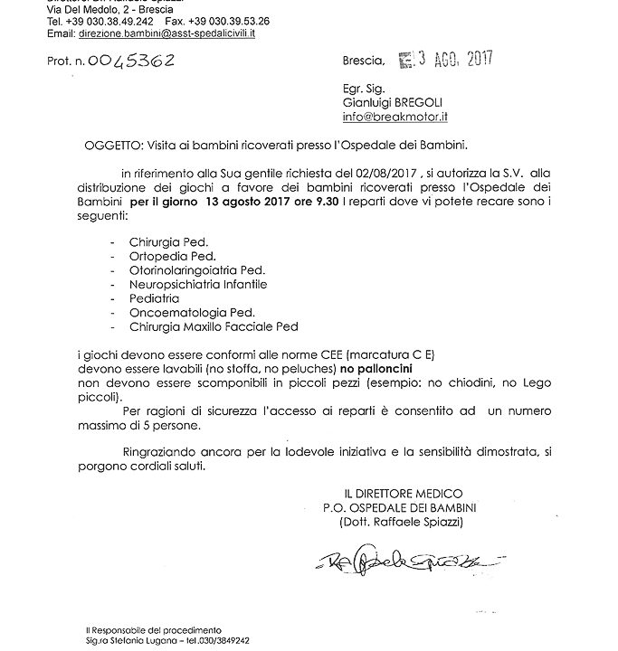 2017-08-03 Autorizzazione Volontariato Spedali Civili Consegna Giochi Per Ferragosto