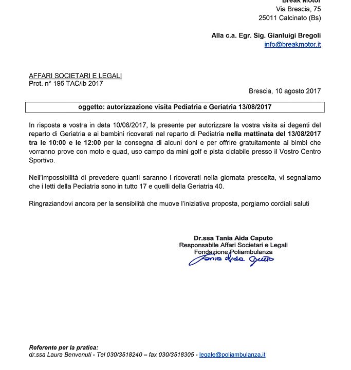 2017-08-10 Autorizzazione Volontariato Fondazione Poliambulanza Consegna Giochi Per Ferragosto
