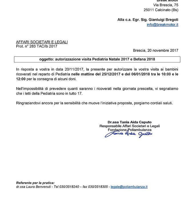2017-11-20 Autorizzazione Volontariato Fondazione Poliambulanza Consegna Giochi Per Natale & Befana