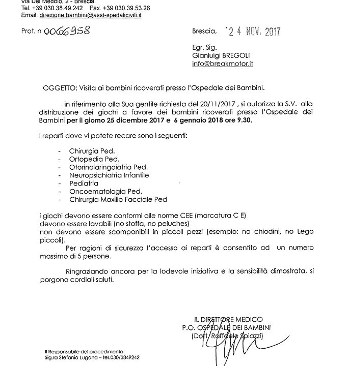 2017-11-24 Autorizzazione Volontariato Spedali Civili Consegna Giochi Per Natale & Befana