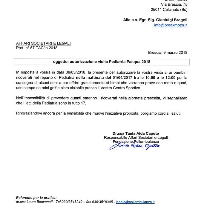 2018-03-09 Autorizzazione Volontariato Fondazione Poliambulanza Consegna Giochi Domenica Di Pasqua