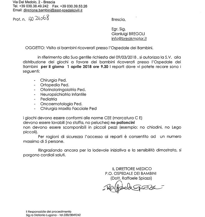 2018-03-16 Autorizzazione Volontariato Spedali Civili Consegna Giochi Domenica Di Pasqua