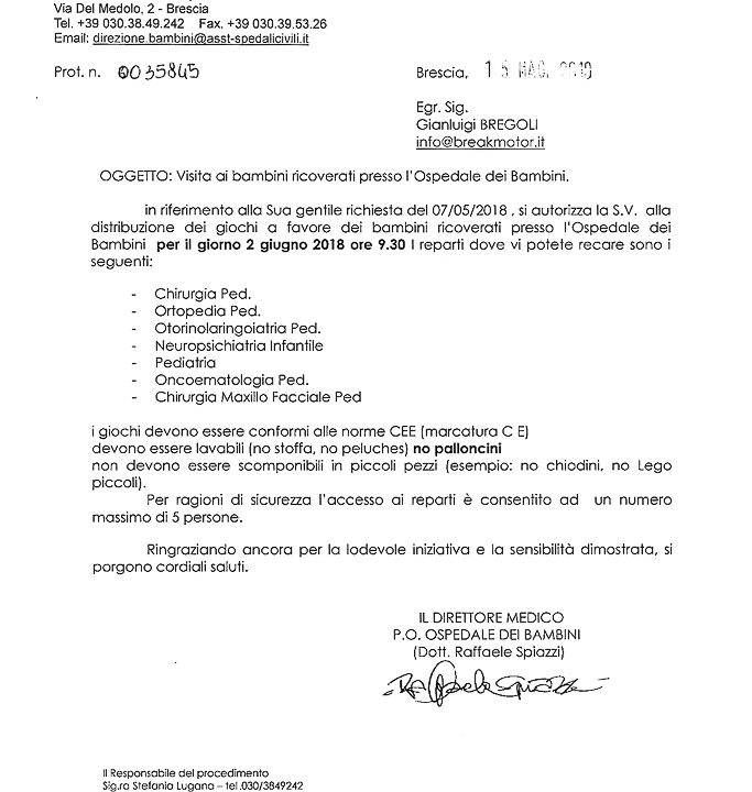 2018-05-15 Autorizzazione Volontariato Spedali Civili Consegna Giochi e Materiale Didattico
